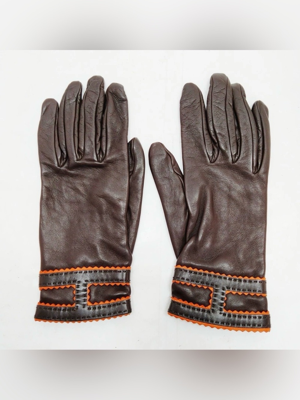 Authentic Hermès Classic H Orange Scalloped Edge Brown Lambskin Leather Gloves 7